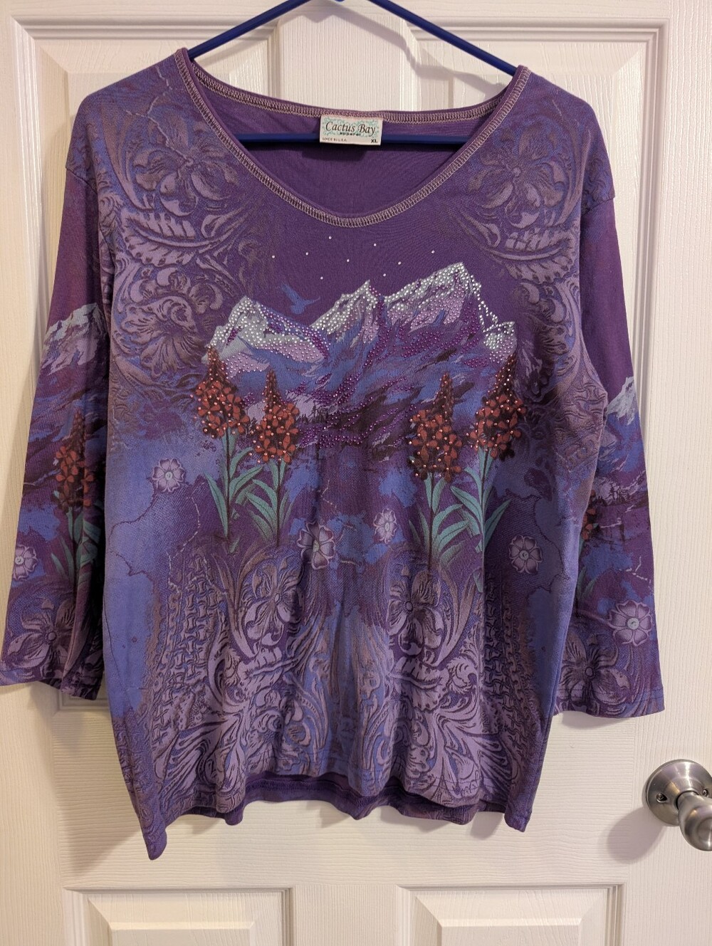 Cactus Bay Alaska Graphic Top Made in USA Purple Floral 3/4 Sleeve Vintage XL